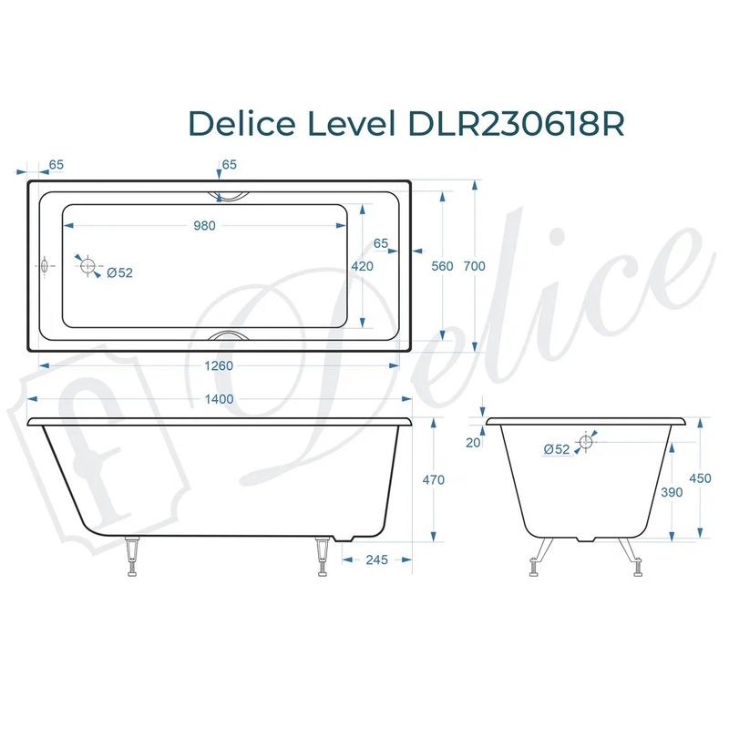 Ванна чугунная Delice Level DLR230618R 140х70 (белый), встраиваемая с отверстиями под ручки