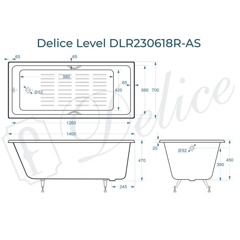 Ванна чугунная Delice Level DLR230618R-AS 140х70 (белый), встраиваемая с антискользящим покрытием и отверстиями под ручки