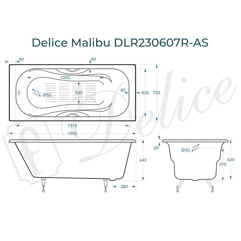 Ванна чугунная Delice Malibu DLR230607R-AS 150х75 (белый), встраиваемая с антискользящим покрытием и отверстиями под ручки
