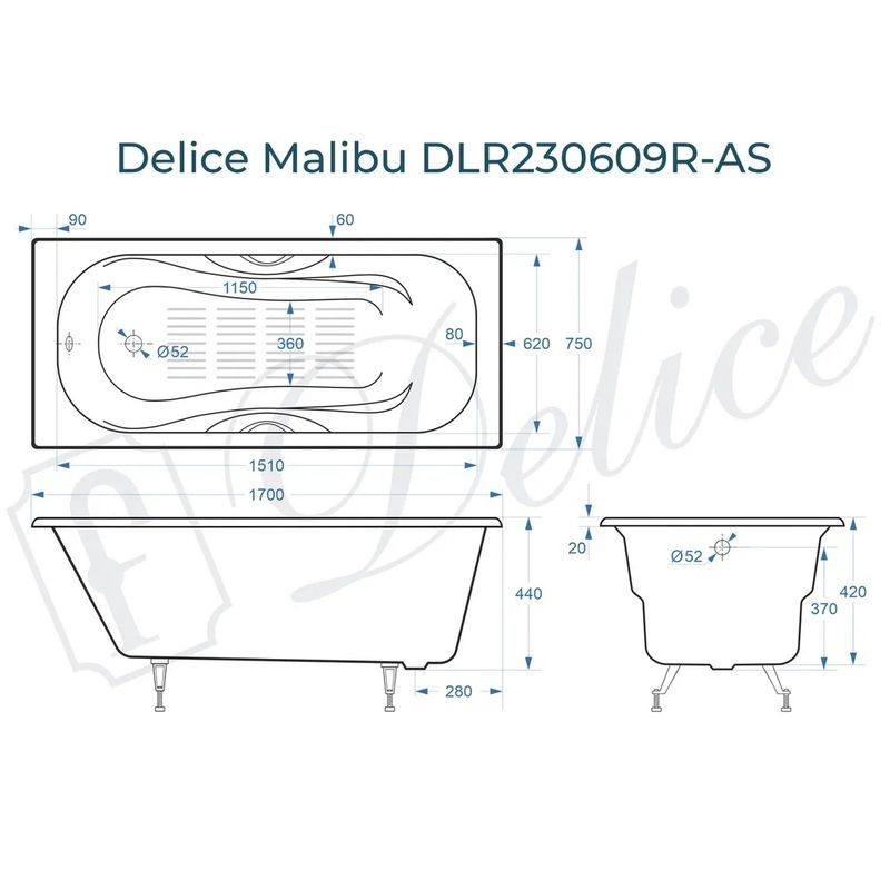 Ванна чугунная Delice Malibu DLR230609R-AS 170х75 (белый), встраиваемая с антискользящим покрытием и отверстиями под ручки