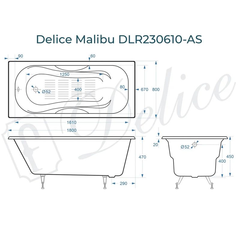 Ванна чугунная Delice Malibu DLR230610-AS 180х80 (белый), встраиваемая с антискользящим покрытием