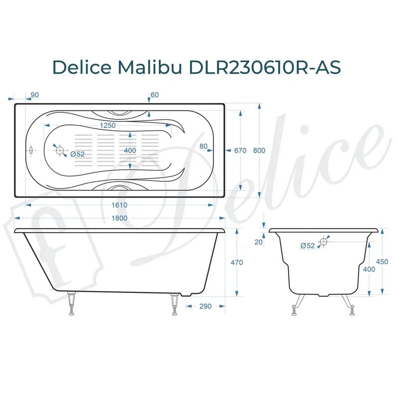 Ванна чугунная Delice Malibu DLR230610R-AS 180х80 (белый), встраиваемая с антискользящим покрытием и отверстиями под ручки