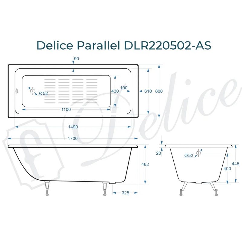 Ванна чугунная Delice Parallel DLR220502-AS 170х80 (белый), встраиваемая с антискользящим покрытием