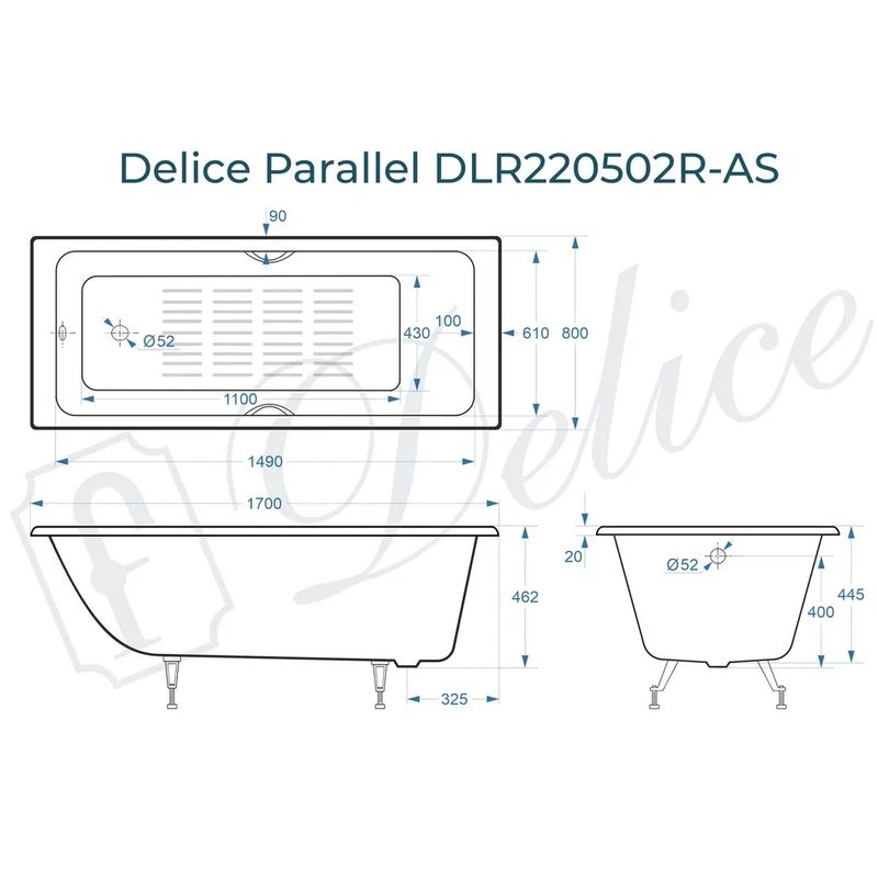 Ванна чугунная Delice Parallel DLR220502R-AS 170х80 (белый), встраиваемая с антискользящим покрытием и  ручками