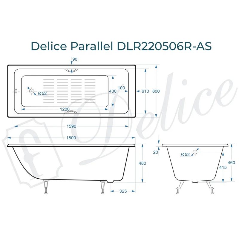Ванна чугунная Delice Parallel DLR220506R 180х80 (белый), встраиваемая с антискользящим покрытием и ручками