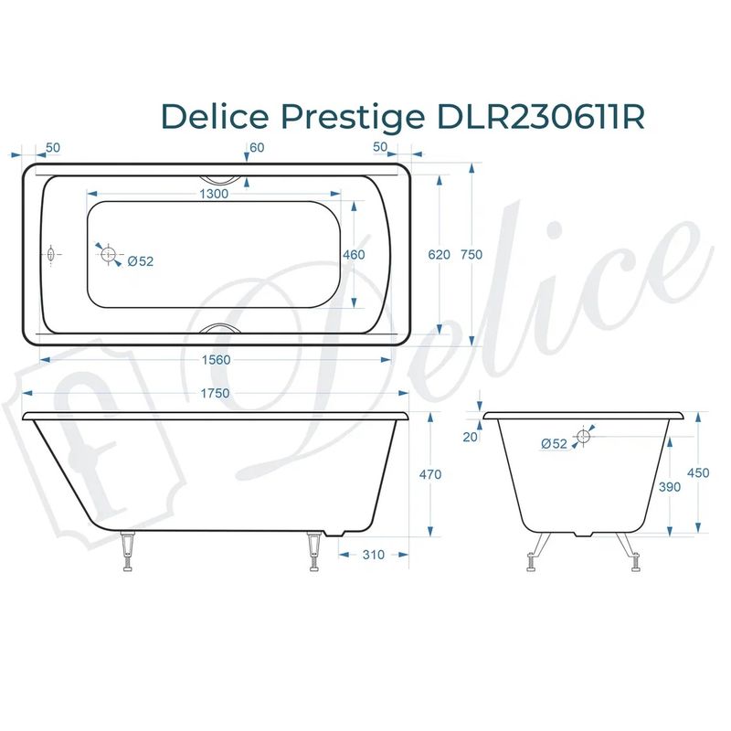 Ванна чугунная Delice Prestige DLR230611R 175х75 (белый), встраиваемая с отверстиями под ручки