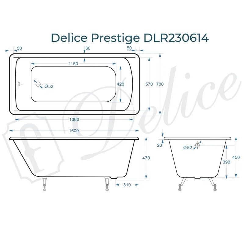 Ванна чугунная Delice Prestige DLR230614 160х70 (белый), встраиваемая