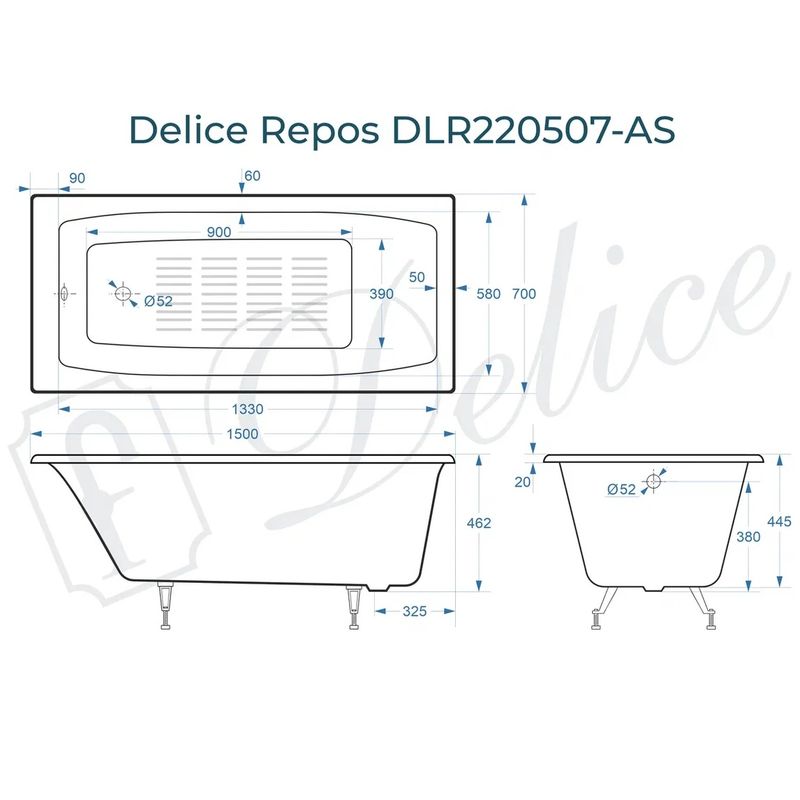 Ванна чугунная Delice Repos DLR220507-AS 150х70 (белый), встраиваемая с антискользящим покрытием
