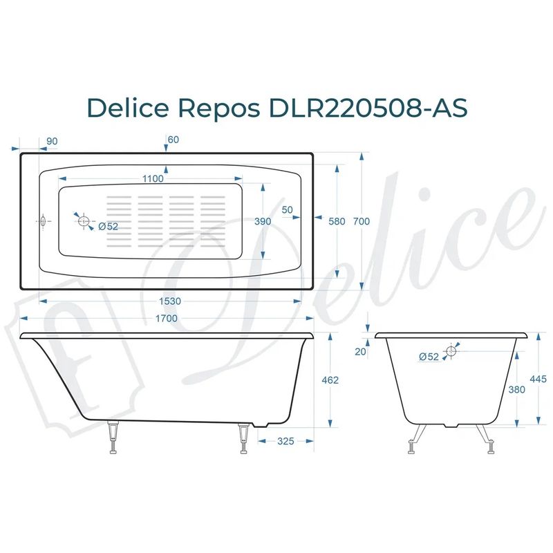 Ванна чугунная Delice Repos DLR220508-AS 170х70 (белый), встраиваемая с антискользящим покрытием