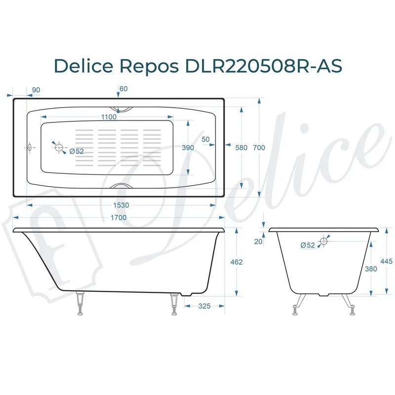 Ванна чугунная Delice Repos DLR220508R-AS 170х70 (белый), встраиваемая с антискользящим покрытием и ручками