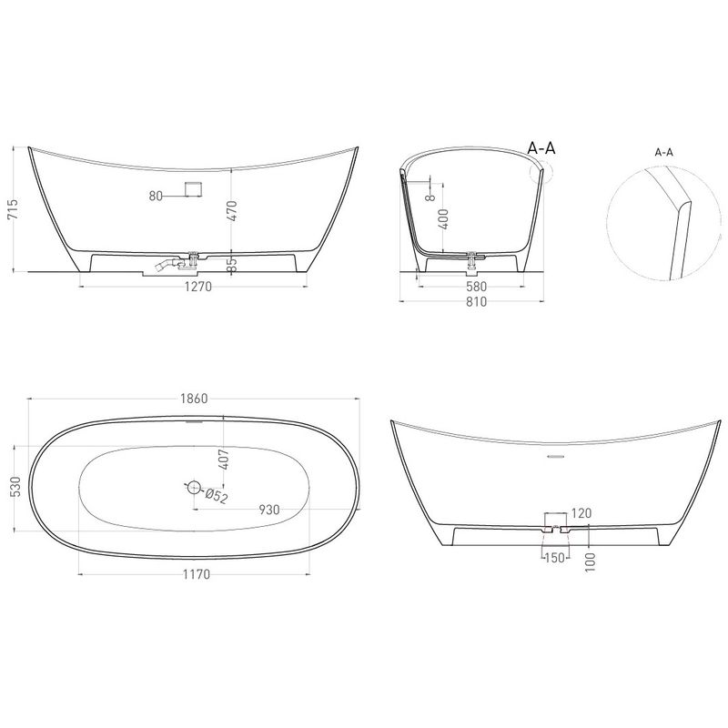 Ванна отдельностоящая Salini S-Sense Noemi 101811GF 185х81х71.5 (покраска полностью, глянцевый), донный клапан, накладка, сифон, слив-перелив