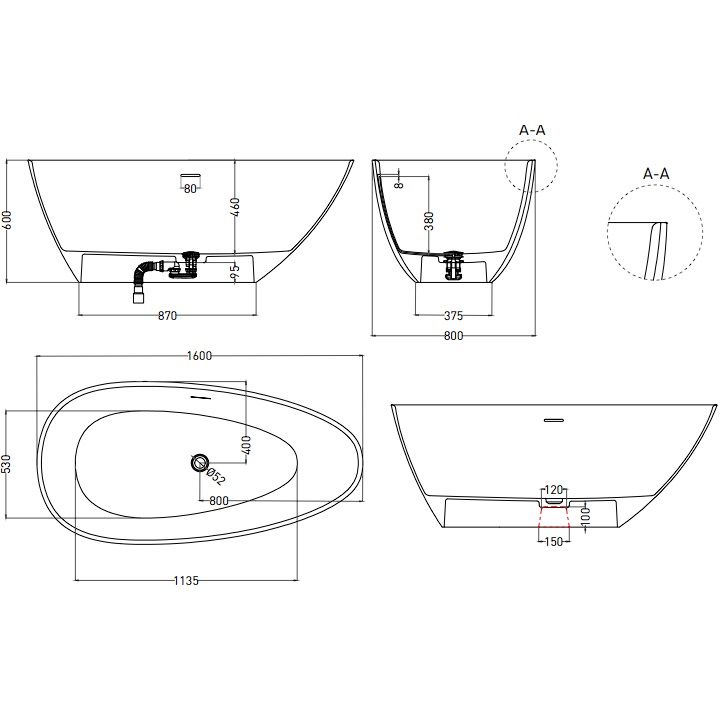 Ванна отдельностоящая Salini S-Sense Paola 1015103G 160x80x60 (белый глянцевый), донный клапан, сифон, слив-перелив