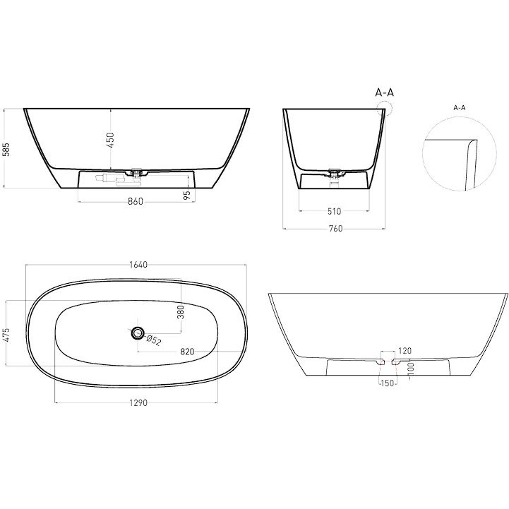 Ванна отдельностоящая Salini Sofia Light S-Sense 103611G 164x76x58 (белый глянцевый), донный клапан, сифон, без перелива