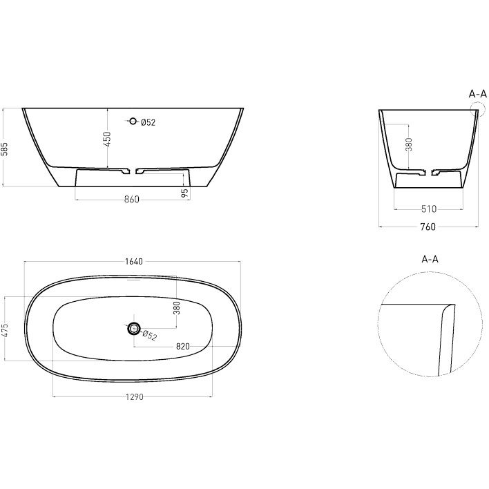 Ванна отдельностоящая Salini Sofia Light S-Sense 103711GF 164.5x75.5x58 (покраска RAL полностью, глянцевый), донный клапан, сифон