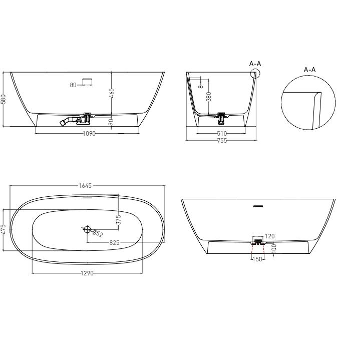 Ванна отдельностоящая Salini Sofia S-Sense 102511G 164.5x75.5x58 (белый глянцевый), донный клапан, сифон, слив-перелив