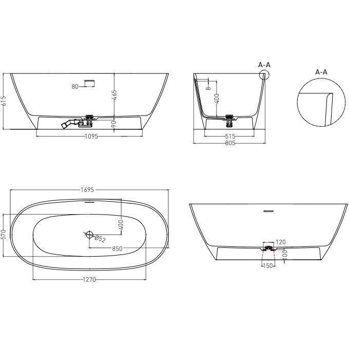 Ванна отдельностоящая Salini Sofia S-Sense 102516G 169.5x80.5x60.5 (белый глянцевый), донный клапан, сифон, слив-перелив