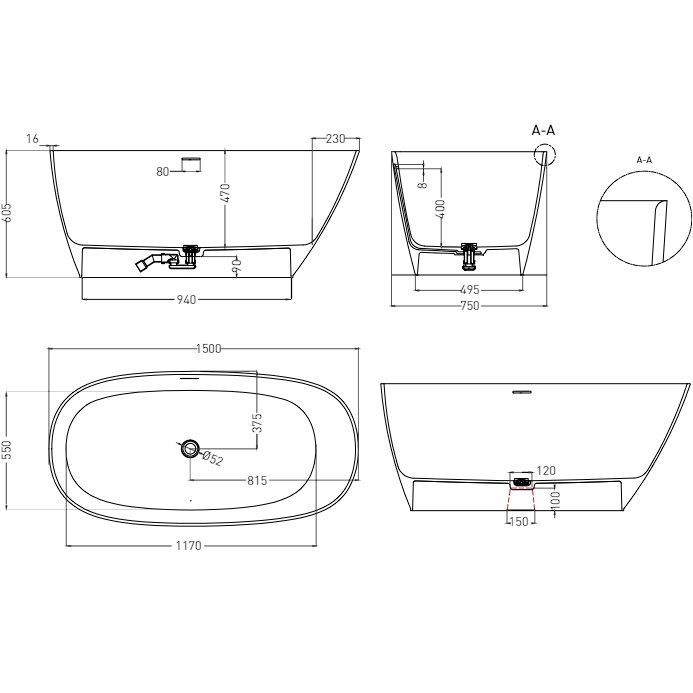 Ванна отдельностоящая Salini Sofia S-Sense 102518G 150x75x60.5 (белый глянцевый), донный клапан, сифон, слив-перелив