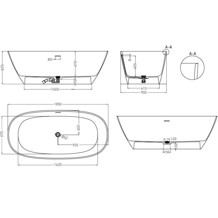 Ванна отдельностоящая Salini Sofia S-Sense 102519GF 185x90x60.5 (покраска RAL полностью, глянцевый), донный клапан, сифон, слив-перелив