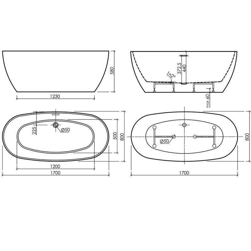 Ванна отдельностоящая Sancos Овал (Oval) FB21 170x80x58 (белый глянцевый), со сливом-переливом