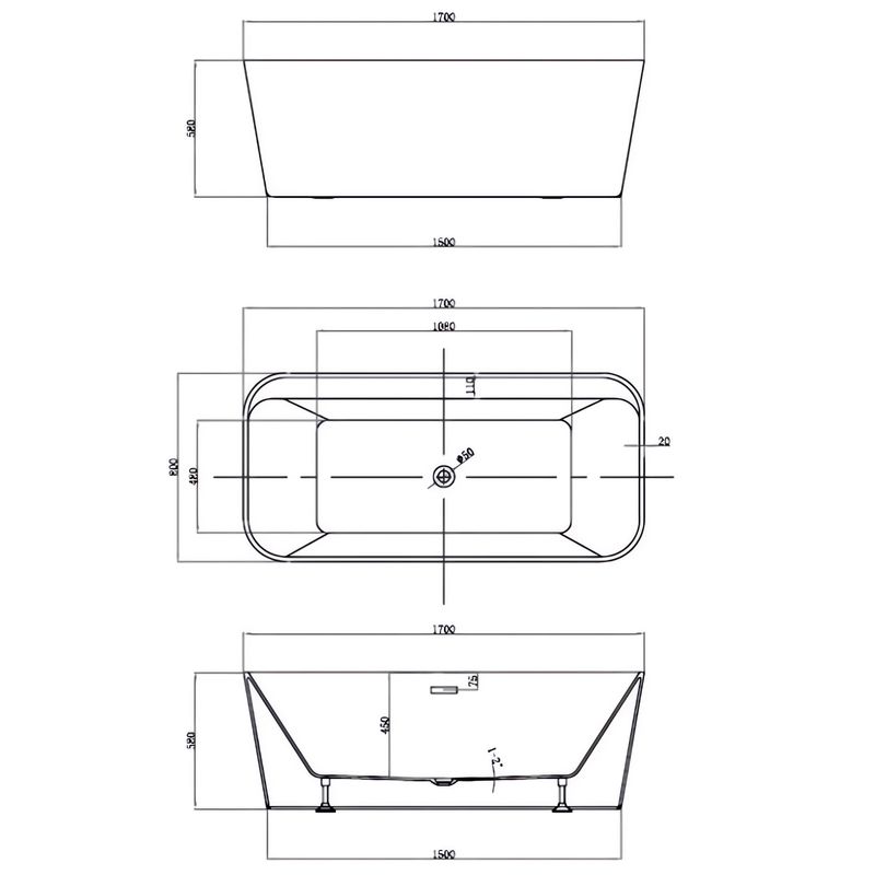 Ванна отдельностоящая Vincea VBT-401-1700 170x80 (белый ), слив-перелив в комплекте 