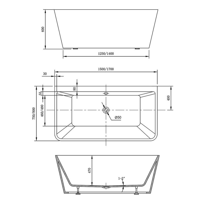 Ванна отдельностоящая Vincea VBT-425-1700 170x80 (белый), щелевой-перелив в комплекте