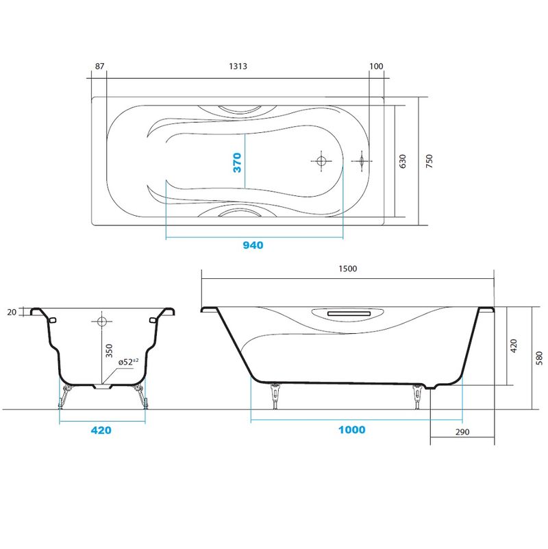 Ванна чугунная Aquatek Гамма AQ8050FH-00 150x75 (белый), ножки и ручки в комплекте, встраиваемая