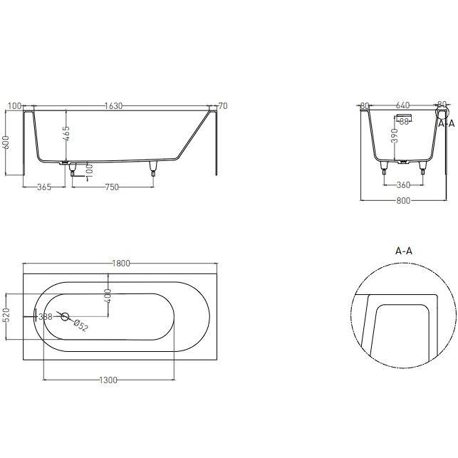 Ванна пристенная Salini S-Sense Fabia 102612MF 180x80x60 (покраска RAL полностью, только светлые оттенки, матовый), донный клапан, сифон, слив-перелив