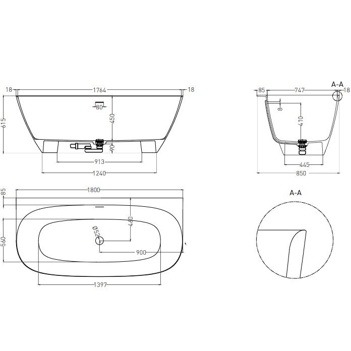 Ванна пристенная Salini S-Sense Sofia Wall 102513G 180x85x61.5 (белый глянцевый), донный клапан, сифон, слив-перелив