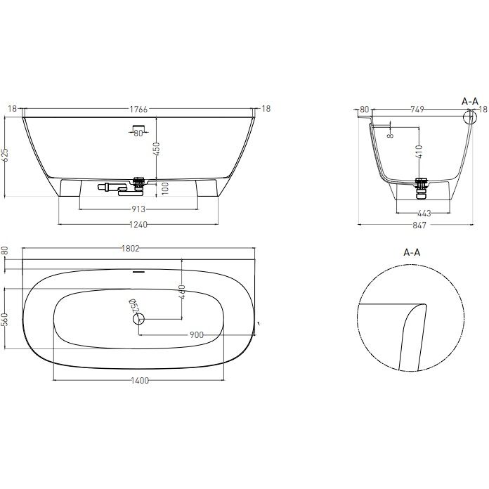 Ванна пристенная Salini S-Stone Sofia Wall 102523M 180x85x61.5 (белый матовый), донный клапан, сифон, слив-перелив