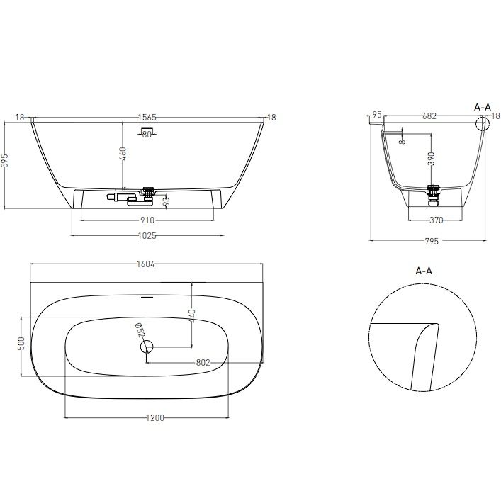 Ванна пристенная Salini S-Stone Sofia Wall 102527MF 160x80x59 (покраска RAL полностью, матовый), донный клапан, сифон, слив-перелив