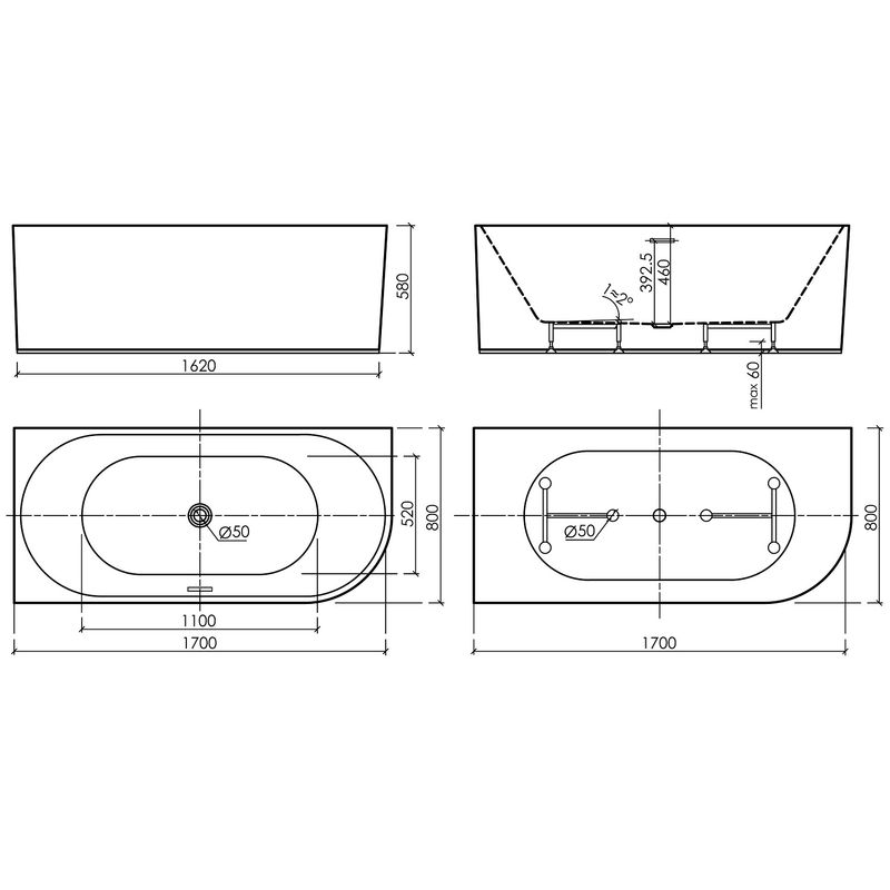Ванна пристенная Sancos Грань (Edge) FB23L 170x80x58 (белый глянцевый), со сливом-переливом, левая