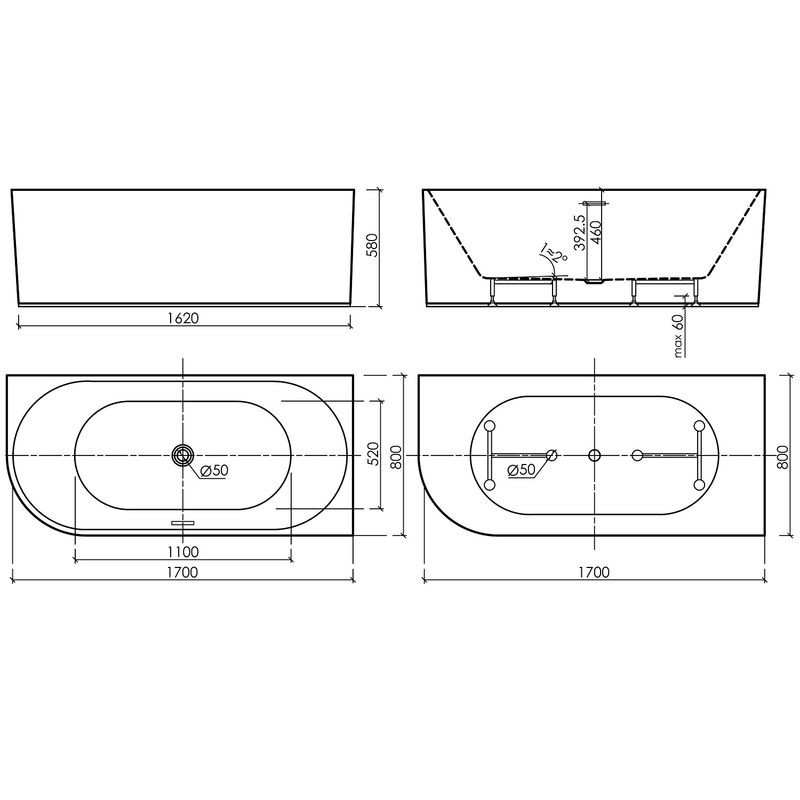 Ванна пристенная Sancos Грань (Edge) FB23R 170x80x58 (белый глянцевый), со сливом-переливом, правая