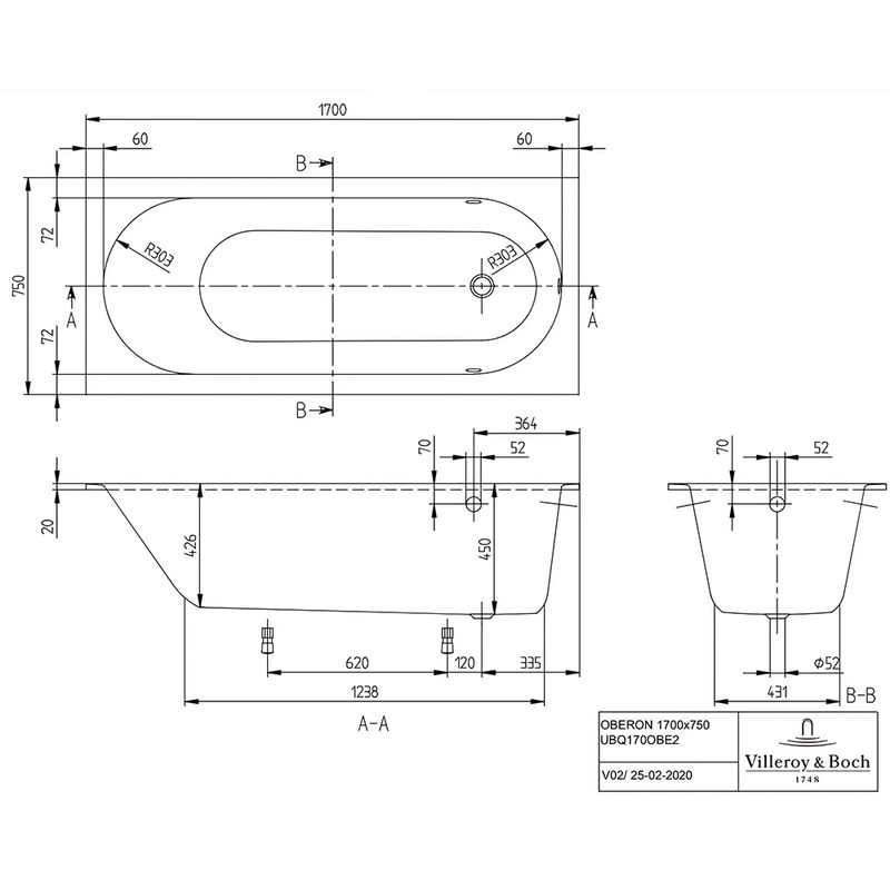 Ванна пристенная Villeroy & Boch Oberon UBQ170OBE2V-01 170х75 (белый)
