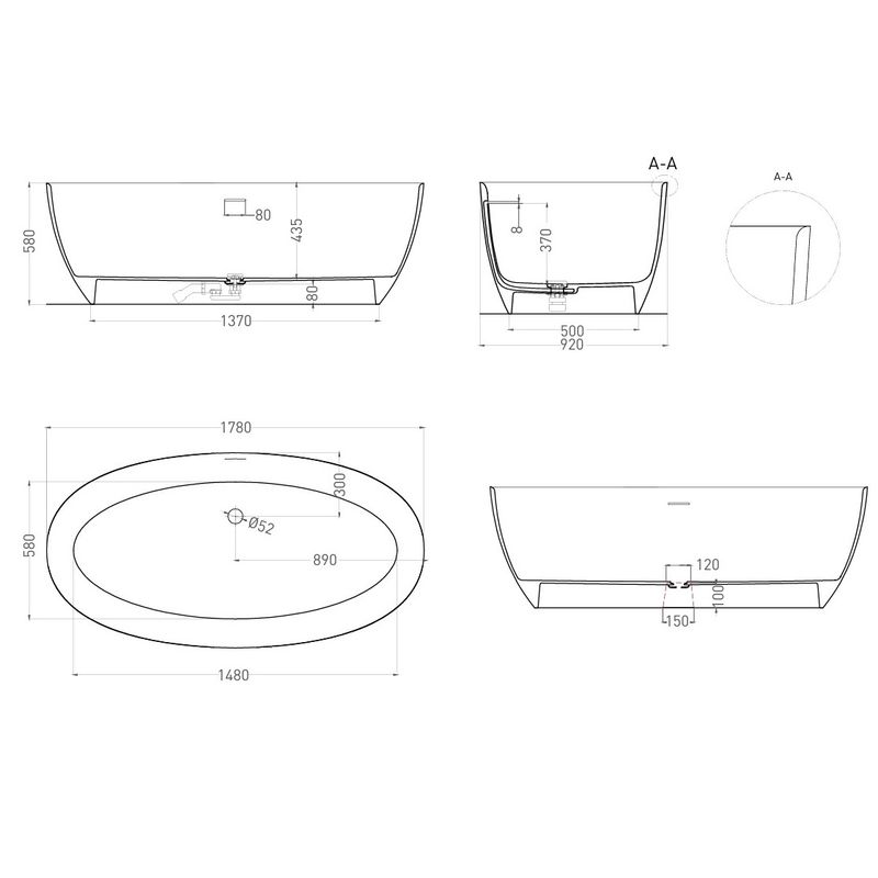 Ванна свободностоящая Salini S-Sense Alda 101911GF 178x92x58 (покраска RAL полностью), донный клапан, сифон, слив-перелив