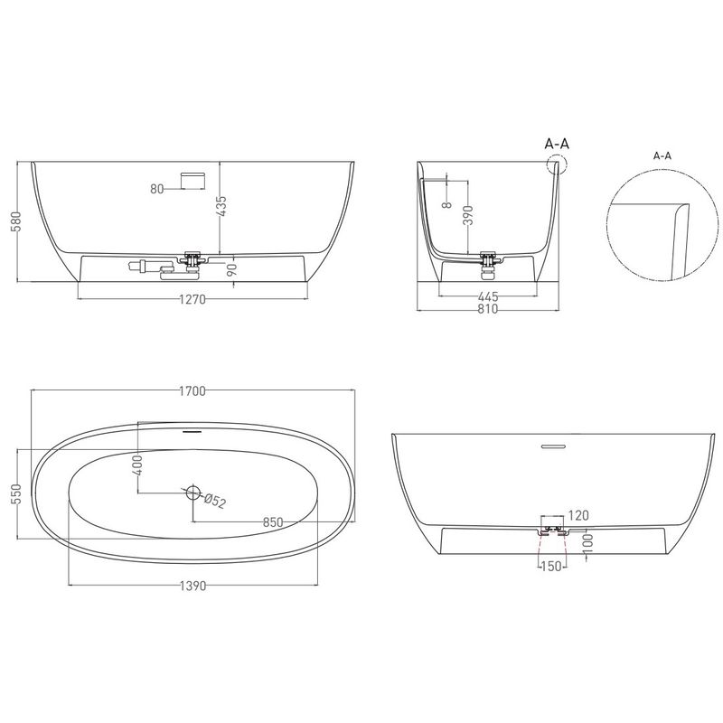 Ванна свободностоящая Salini S-Sense Alda 101912G 170x80x59.5 (белый глянцевый), донный клапан, сифон, слив-перелив