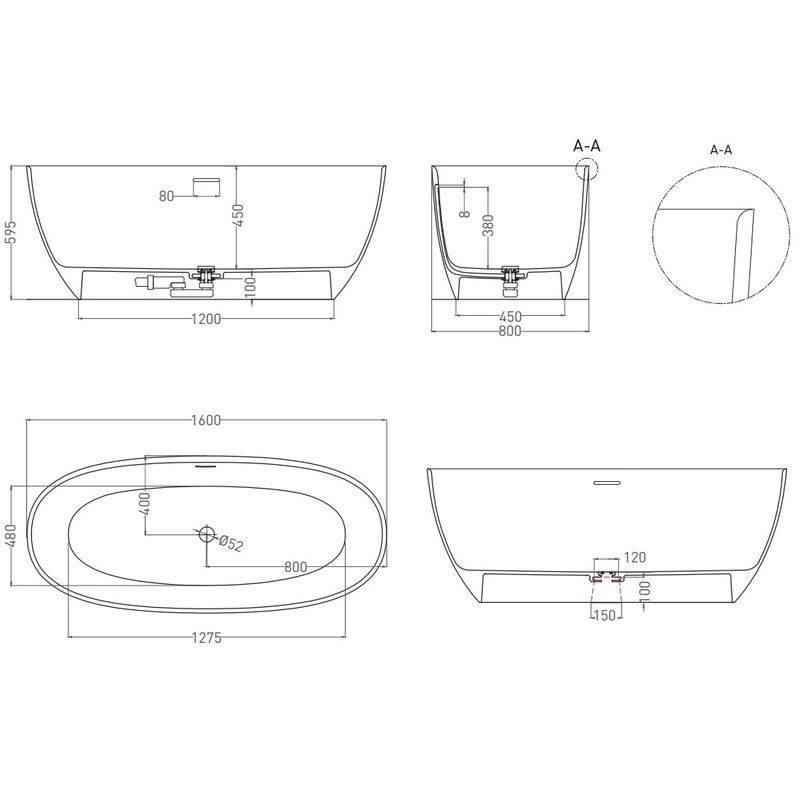 Ванна свободностоящая Salini S-Sense Alda 101913G 160x80x57.5 (белый глянцевый), донный клапан, сифон, слив-перелив