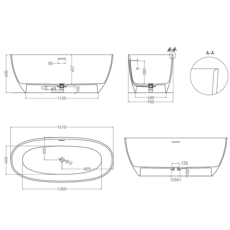 Ванна свободностоящая Salini S-Sense Alda 101914GF 160x70x60 (покраска RAL полностью), донный клапан, сифон, слив-перелив