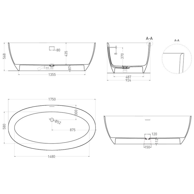 Ванна свободностоящая Salini S-Stone Alda 101911SMF 175.5x91x58 (покраска RAL полностью), донный клапан, сифон, слив-перелив