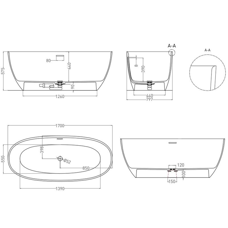 Ванна свободностоящая Salini S-Stone Alda 101922M 170x80x57.5 (белый матовый), донный клапан, сифон, слив-перелив