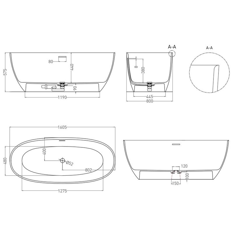 Ванна свободностоящая Salini S-Stone Alda 101923MF 160x80x57.5 (покраска по RAL полностью), донный клапан, сифон, слив-перелив