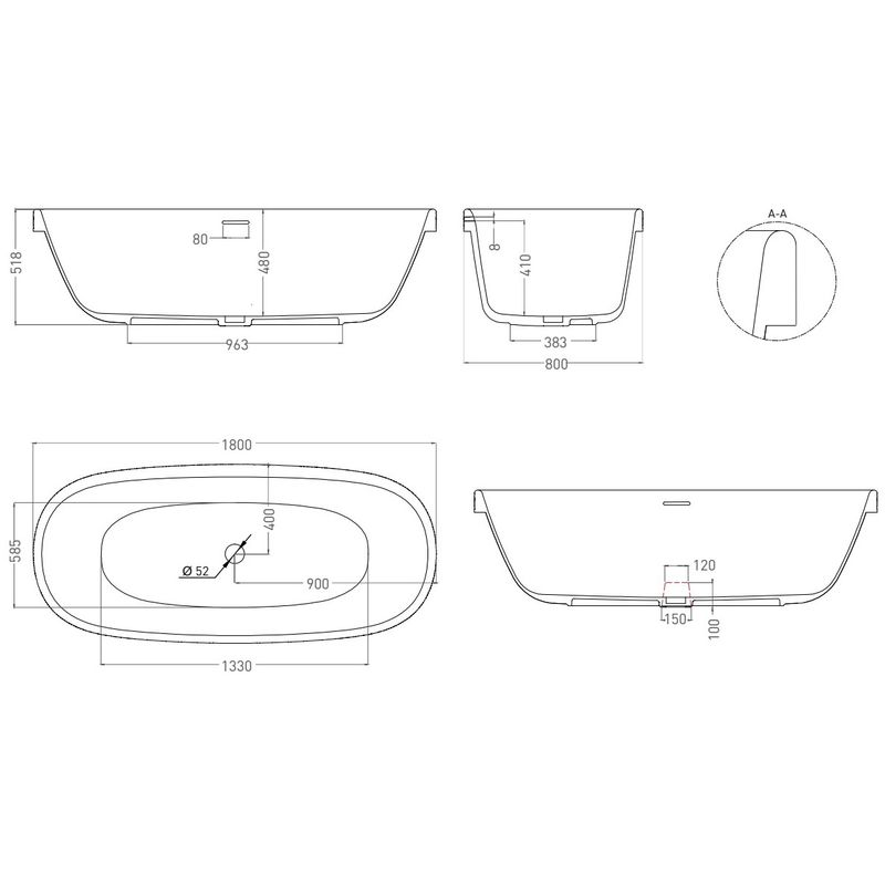 Ванна свободностоящая Salini S-Stone Greca IN 104821MF 180x80x51.8 (покраска полностью), донный клапан, сифон, слив-перелив