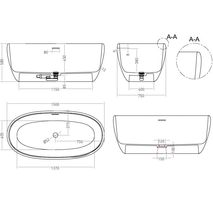 Ванна свободностоящая Salini S-Stone Luce 100122M 150x75x58 (белый матовый), донный клапан, сифон, слив-перелив 