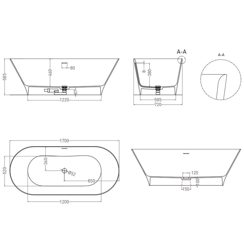 Ванна свободностоящая Salini S-Stone Mona 102922MF 170х72х58.5 (покраска полностью), донный клапан, сифон, слив-перелив