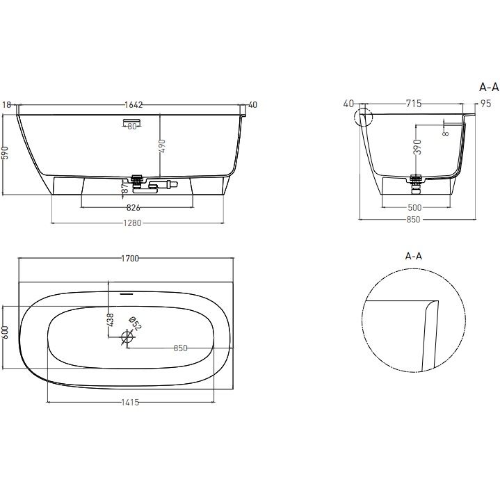 Ванна угловая Salini S-Sense Sofia Corner R 102514G 170x85x59 (белый глянцевый), донный клапан, сифон, слив-перелив, правосторонняя