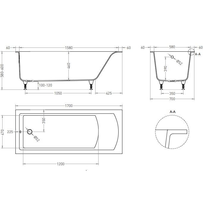 Ванна встраиваемая Salini S-Sense Cascata 104413G 170x70x55.2 (белый глянцевый), без донного клапана 