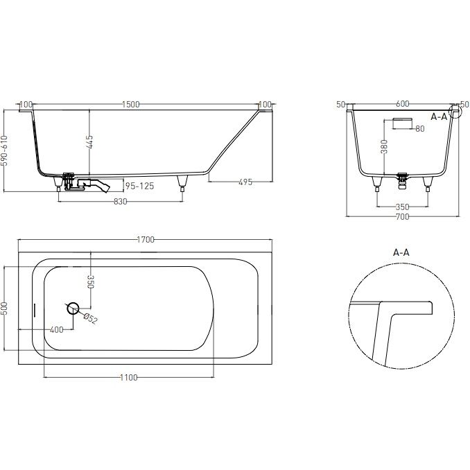 Ванна встраиваемая Salini S-Sense Orlanda 102111GF 170x70x60 (покраска RAL полностью, глянцевый), донный клапан, сифон,  слив-перелив