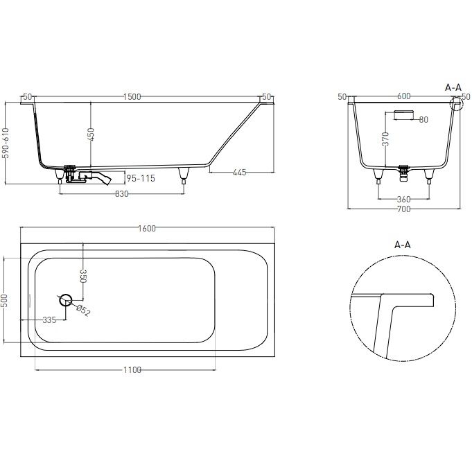 Ванна встраиваемая Salini S-Sense Orlanda 102115G 160x70x 60 (белый глянцевый), донный клапан, сифон,  слив-перелив