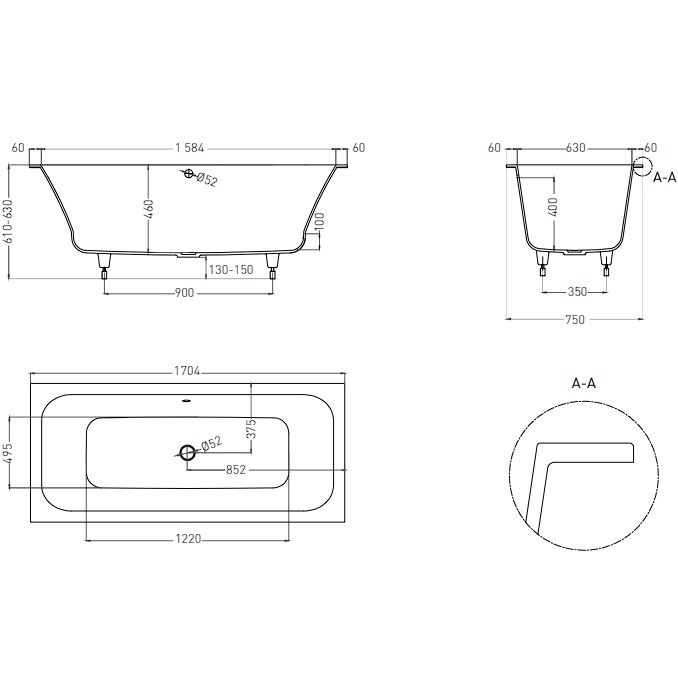 Ванна встраиваемая Salini S-Sense Orlanda Axis 103213GF 170x75x60 (покраска RAL полностью, глянцевый), без донного клапана