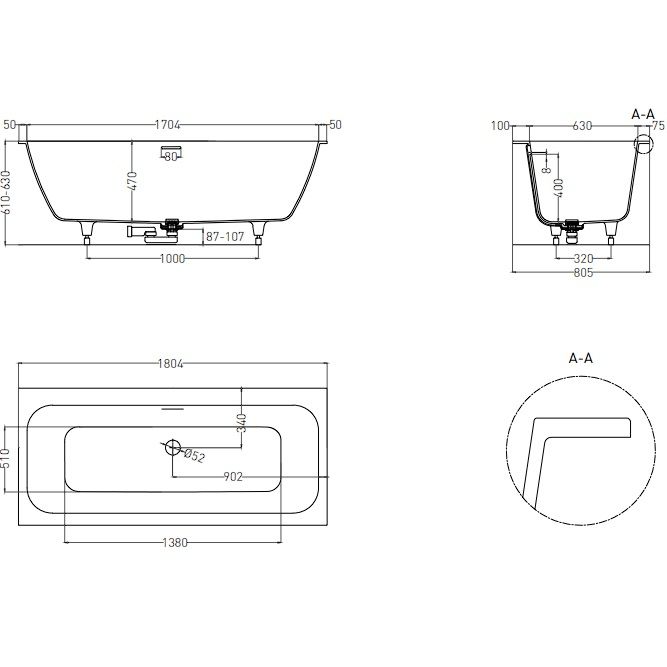 Ванна встраиваемая Salini S-Sense Orlanda Axis Kit 103312M 180x80x60 (белый матовый), донный клапан, сифон, слив-перелив