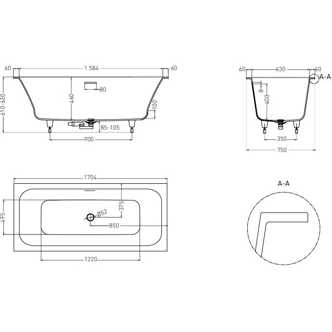 Ванна встраиваемая Salini S-Sense Orlanda Axis Kit 103313GF 170x75x60 (покраска RAL полностью, глянцевый), донный клапан, сифон, слив-перелив